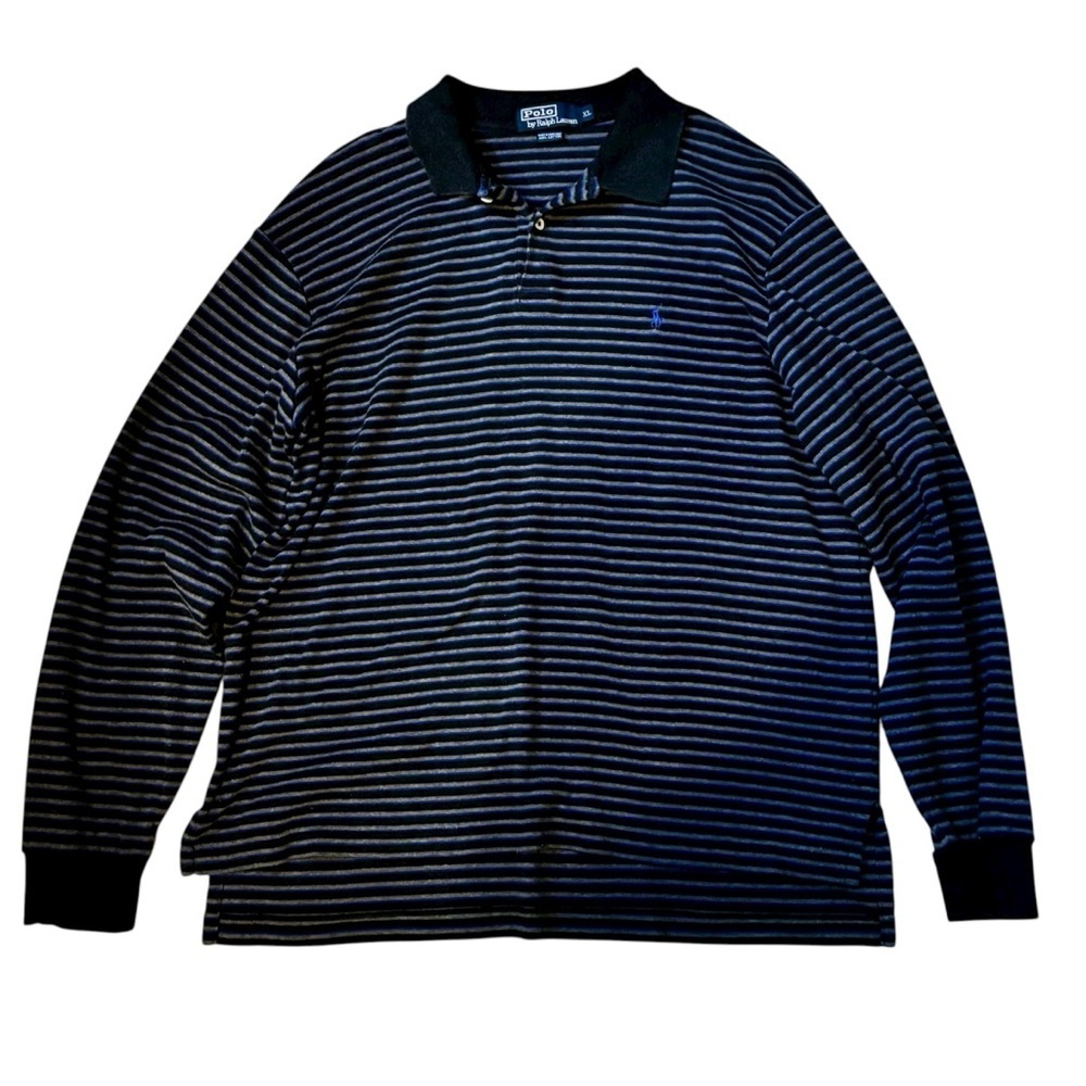 Polo Ralph Lauren Blue and Charcoal Long Sleeved Striped Polo size XL Preppy